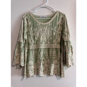 Cottage Ana & Rose Embroidered Boho Blouse Womens L Green Bell Sleeve Scallop